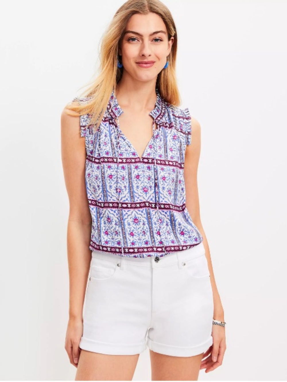 Ann Taylor LOFT Satin Floral Patchwork Ruffle Sleeveless Blouse Blue Large